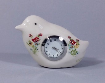 Orologio da tavolo in ceramica a forma di uccello: piccolo accento floreale retrò