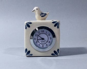Small Desk clock, Cube clock, Gray pomegranates, Table clock, White Ceramic bird clock, Gift under 50