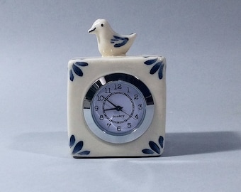 Small Desk clock, Cube clock, Gray pomegranates, Table clock, White Ceramic bird clock, Gift under 50