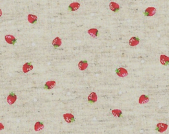 Itty Bitty Strawberries on Natural Linen - Kawaii Japanese Import Cosmo Fabric - OOP VHTF Rare