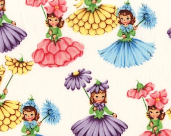 Blossom Belles - Vintage Reproduction MCM Retro Children Little Girl Flower Fairy Fabric - Michael Miller Out Of Print OOP Rare HTF