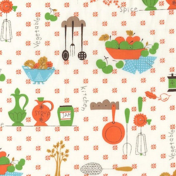 Mrs March's 30's Kitchen in Orange - Kawaii Vtg Retro Food Kitchen Fabric  - Lecien Japanese Import Fabric Remnant Destash - OOP VHTF Rare