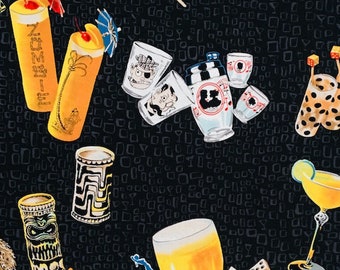 Tiki Bar in Black - Retro MCM Vtg 50's 60's Hawaiian Tiki Lounge Fabric - Out Of Print OOP VHTF