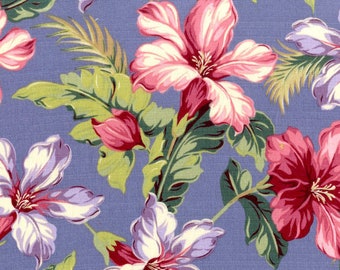 Hibiscus Barkcloth in Periwinkle - MCM Hawaiian Tropical Floral 1950's Retro Reproduction Vintage Fabric - Out Of Print OOP HTF