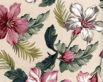 Hibiscus Barkcloth in Natural - MCM Hawaiian Tropical Floral 1950's Retro Reproduction Vintage Fabric - Out Of Print OOP HTF