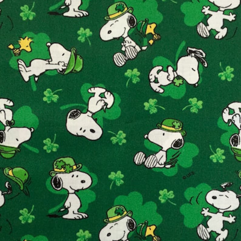 Snoopy St Patrick's Day Fabric in Green Peanuts Woodstock Shamrock