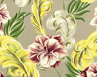 Copacabana Barkcloth in Warm Grey - 1940's 1950's Retro Floral Reproduction Vintage Fabric - Out Of Print OOP VHTF Remnant