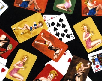 Stacked Deck in Black - Playing Card Pin Up Girls Fabric - MCM Vintage Look Retro Fifties Las Vegas Poker Game Rockabilly Pinup - OOP HTF