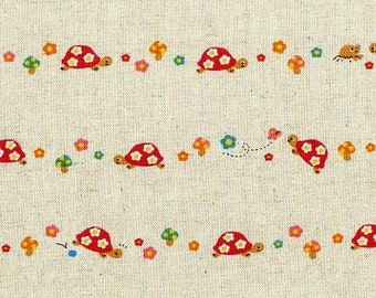 Tiny Turtles in Red on Natural Linen/Cotton - Kawaii Japanese Import Cosmo Fabric OOP VHTF Retired Collectible