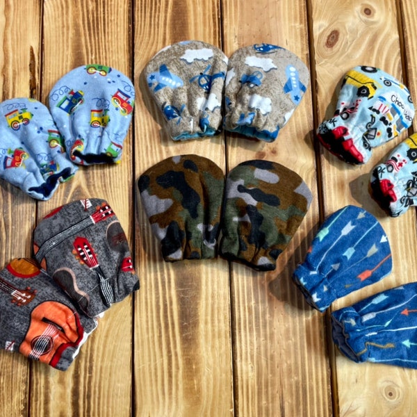 Cars, Trucks, Trains, Airplanes, Guitars, Camo Flannel Baby Mittens