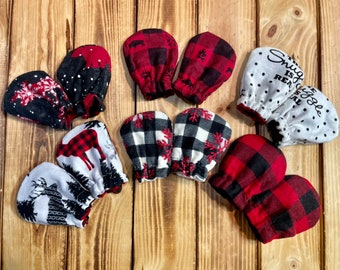 Buffalo Plaid, Snowy woods, Deer Flannel Baby Mittens