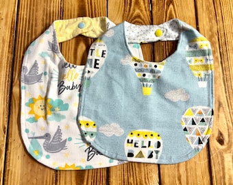 Baby Storks, Balloons Baby Neutral Flannel Fabric Baby Bibs