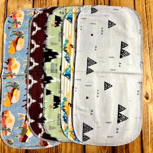 Adventure in the Wilderness, Mountains, Buffalo, Bears, Moose Flannel Fabric Baby Burp Rags