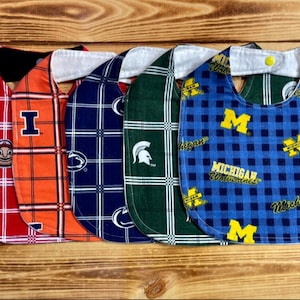 Big Ten Universities, MSU, UofM, PSU, OSU, Illinois Flannel Baby Bibs