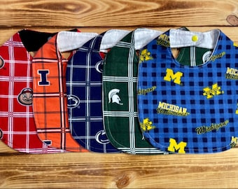 Big Ten Universities, MSU, UofM, PSU, OSU, Illinois Flannel Baby Bibs