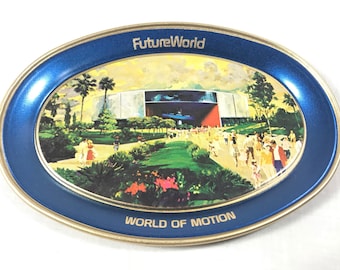 Epcot Center World of Motion Metal Tray from 1982 Future World Featuring Imagineer Claude Coats Concept Art - Walt Disney World