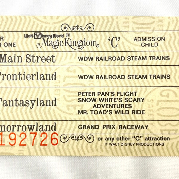 Walt Disney World C Coupon Admission from a Child Ticket Book from 1970's!