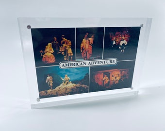 Acrylic Framed Vintage American Adventure Postcard with EPCOT Center Park Scenes including Mark Twain, Benjamin Franklin, Theodore Roosevelt