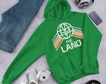 The Land Sweatshirt with Pavilion Logo and Green, Yellow and Red Rainbow Stripes - A Retrocot Original
