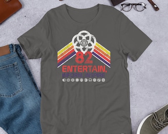 Stor EPCOT Center Retro Disney-skjorta Future World Pavilion-logotyper gul, orange, röd, lila randig regnbåge - Ett Retrocot-original
