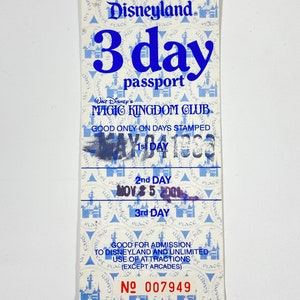 3 Tage Disneyland Magic Kingdom Club Passport Ticket - 3.TAG Unbenutzt - Eintritt von 1985 Walt Disney Produktionen
