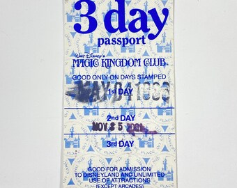 3 Day Disneyland Magic Kingdom Club Passport Ticket - 3rd DAY Unused - Admission from 1985 Walt Disney Productions