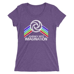 Purple Journey Into Imagination EPCOT Center Ladies' short sleeve T-Shirt with Blue, Green and Red Rainbow Stripes - A Retrocot Original