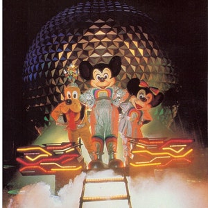 EPCOT Center Character 5x7 Photo in front of Spaceship Earth from 1982 - Mickey Mouse Minnie Mouse and Pluto
