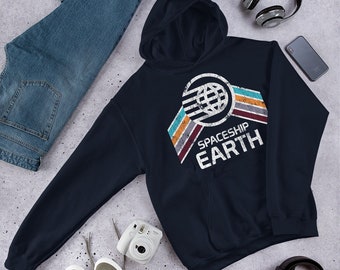 Spaceship Earth Sweatshirt Hoodie with Teal, Orange and Purple Rainbow Stripes - A Retrocot Original