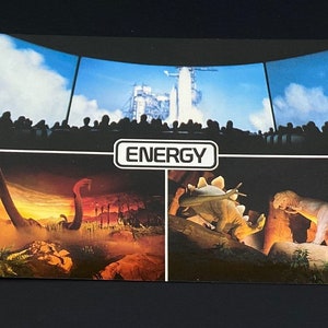 Vintage Universe of Energy Postcard with EPCOT Center Scenes - Space Shuttle Take Off, Primeval Diorama, Tyrannosaurus Rex, Stegosaurus