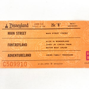 Disneyland B Ticket Admission aus einem Erwachsenen-Eintrittskarten-Buch von 1970er Jahre SELTEN!