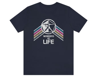 Wonders of Life Pavilion T-Shirt from EPCOT Center with Blue, Pink, Brown and Gray Rainbow Stripes - A Retrocot Original