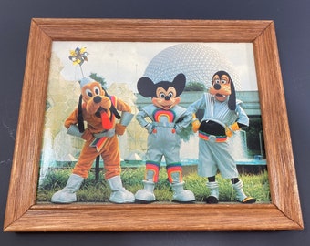 EPCOT Center Character Framed 8x10 Photo in front of Spaceship Earth Imagination Fountains 1982 - Mickey Mouse Goofy Pluto Some Damage