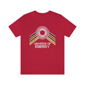 Universe of Energy T-Shirt with Blue, Orange, Green and Yellow Rainbow Stripes - A Retrocot Original