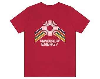Universe of Energy T-Shirt with Blue, Orange, Green and Yellow Rainbow Stripes - A Retrocot Original