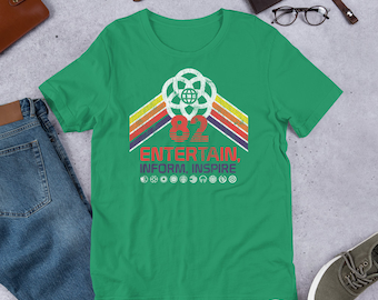 Stor och XL EPCOT Center Retro Disney-skjorta Future World Pavilion-logotyper gul, orange, röd, lila randig regnbåge - Ett Retrocot-original