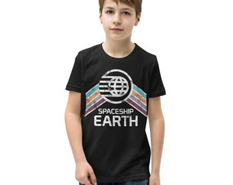 Spaceship Earth Youth Short Sleeve T-Shirt with Teal, Orange and Purple Rainbow Stripes - A Retrocot Original