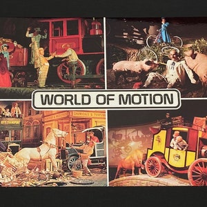 Vintage World of Motion Postcard with EPCOT Center Scenes - Stagecoach, Train Robbery, Open Road, Crashed Bicycle, Traffic Jam