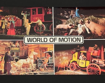 Vintage World of Motion Postcard with EPCOT Center Scenes - Stagecoach, Train Robbery, Open Road, Crashed Bicycle, Traffic Jam