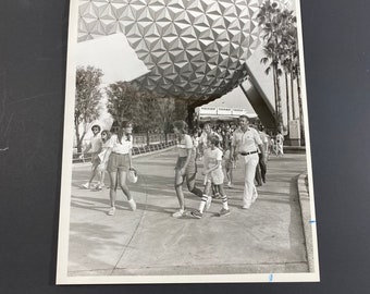 1982 EPCOT Center Under Spaceship Earth - Future World, World Showcase, Geodesic Sphere Walt Disney Productions Black White Press Photo 8x10