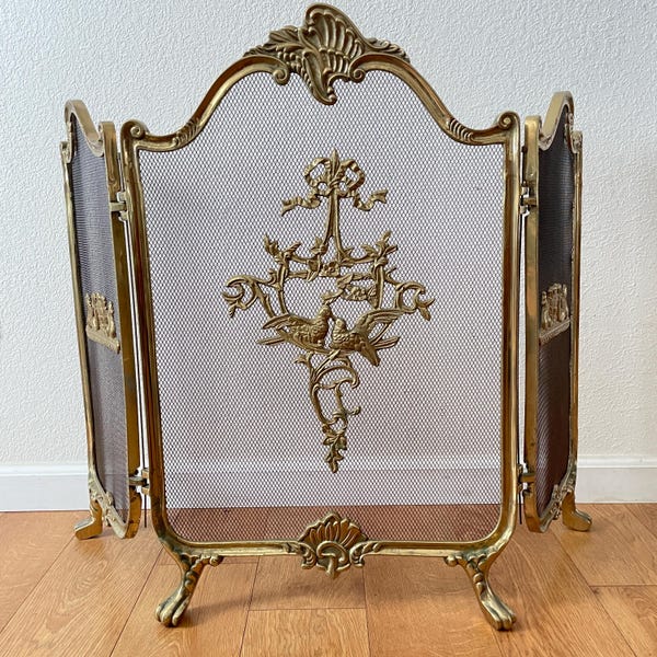 Vintage Brass Folding Fireplace Screen French Provencial Free Standing Vintage