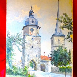 Original antique gouache painting Max Martini 1899 Arnstadt Leibfrauenkirche Oberkirche German Weimar listed artist religious wall decor art