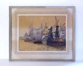 オリジナル水彩画、「係留された船」、マイケル A. バッシー (1930