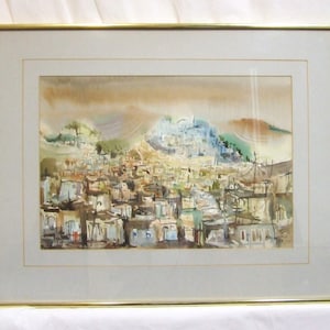 Moshe Kagan original watercolour painting 1966 Kibbutz Shamir Jerusalem Israel mid century modern framed signed art new home decor wall gift