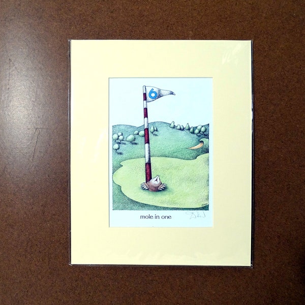 Golfing print Mole in One Simon Drew hole in one funny gift art wall decor wall art mounted sport gift small gift signed art