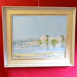 Original seascape mid century oil painting M S Edwards vintage home decoration wall hanging period frame signed serene new home unique gift