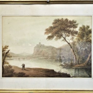 English river view original antique watercolour painting 18th century traditional landscape wall decoration framed art unique sepia wall art