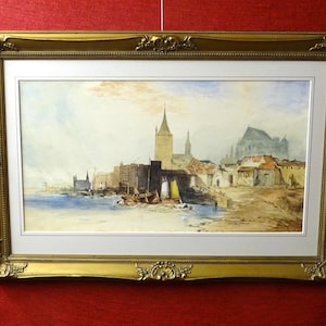 Original antique watercolour painting W Burns 1860 Continental coastal city sea framed signed art new home old Victorian house unique gift