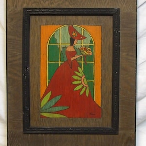 James Thompson artist art deco oil painting lady in red dress wall decoration signed framed art oak panel picture fashion dress hat flowers