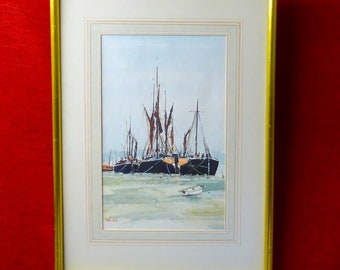 オリジナル水彩画、「係留された船」、マイケル A. バッシー (1930